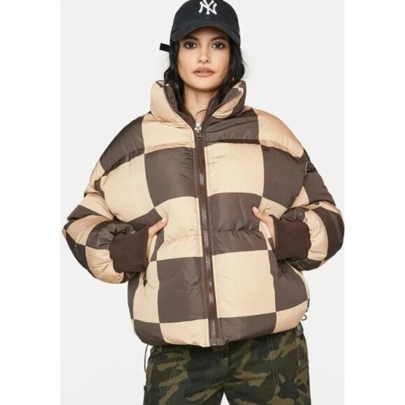 Edikted Checkerboard Puffer Jacket Womens Size S Brown & Beige Zipper Closure - Picture 6 of 9